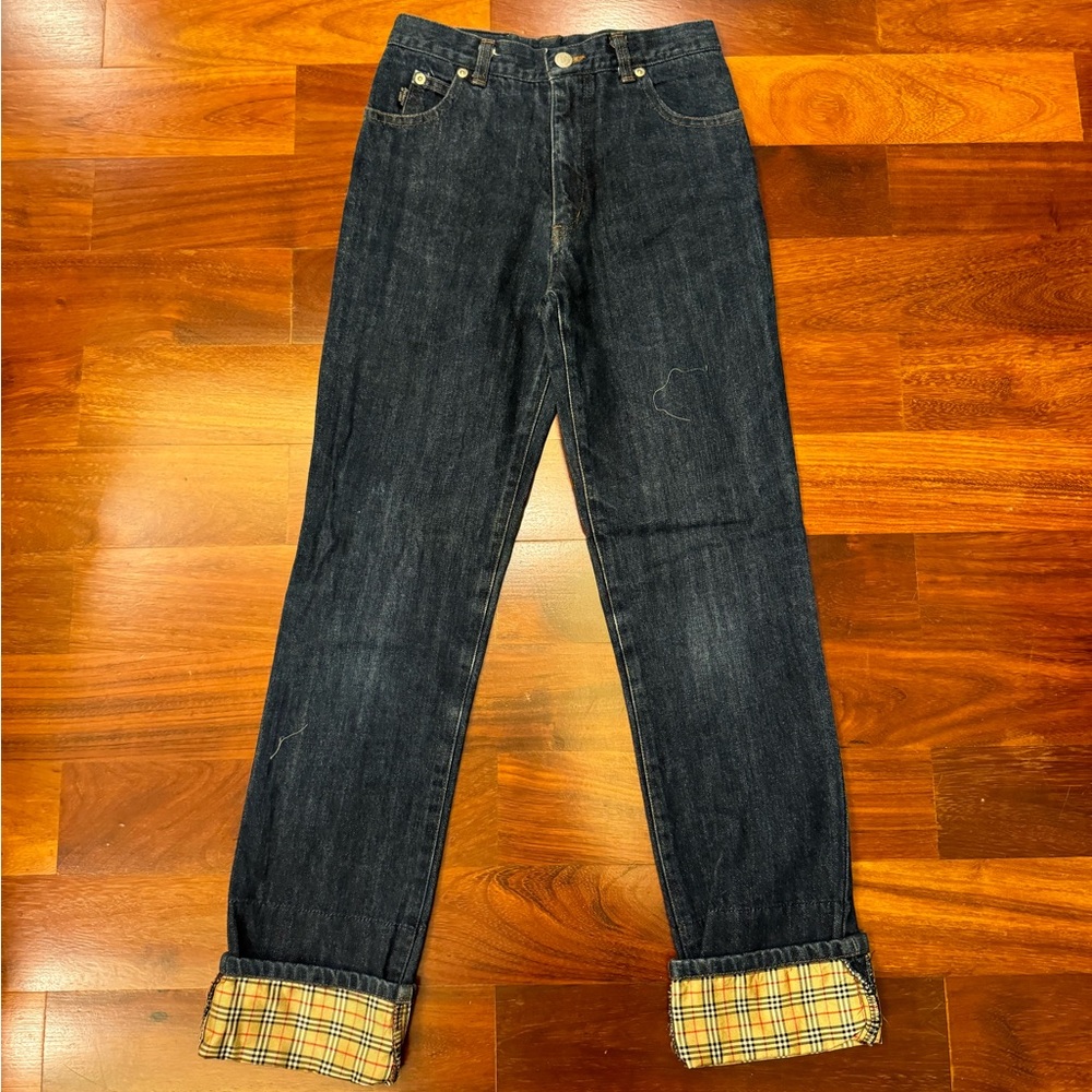 Burberry Men's Dark Blue Jeans with Plaid Cuffs